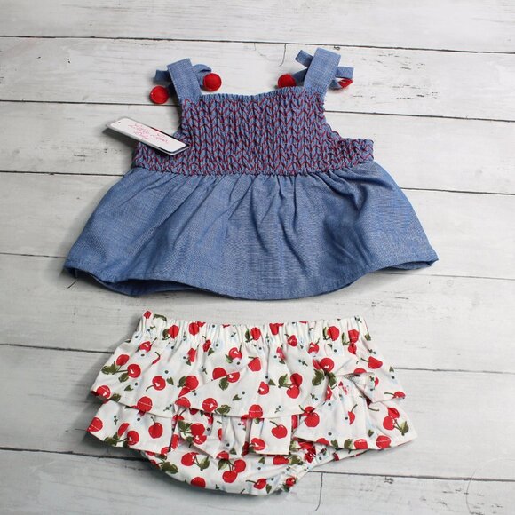 Little Lass Baby Girl's Short Set Bloomers Hat Size 12 Months Cherry Smocked - Picture 8 of 9